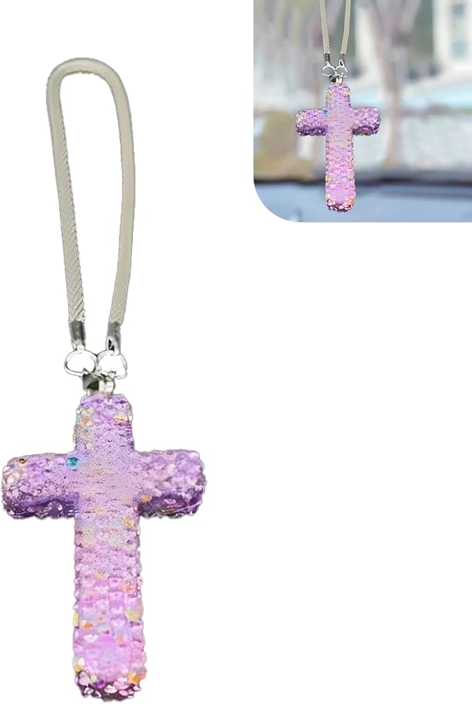 Bling Cross Car Hanging Accessories, Crystal Rhinestone Rear View Mirror Pendant, Religious Rearview Mirrors Decoration Charm, Car Hanging Ornament, Automotive Interior Accessories (Purple)