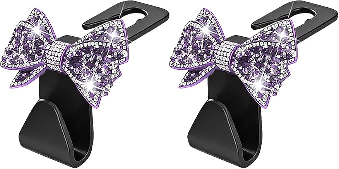 Zpana Bling Car Headreat Hook, 2PCS Crystal Rhinestone Cute Bow Vehicle Seat Back Hanger Storage for Purses Bags Grocery, Diamond Auto Rear Seat Organizer, Universal for SUV Truck Sedan (Purple)