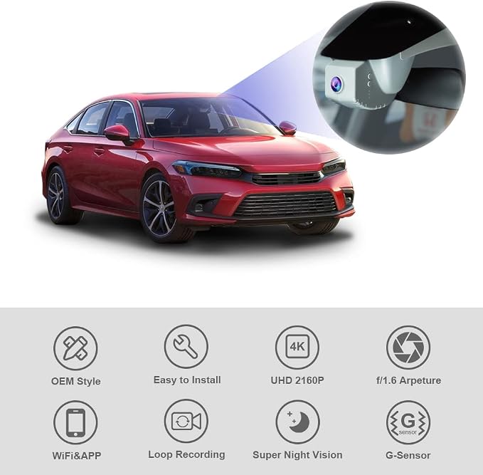 4K Dash Cam Suitable for Honda Civic 2022-2026 & Type R Si (Grey Cover), OEM Factory Look, 2160P UHD Video, Built-in WiFi & APP, Loop Recording, G-Sensor, Night Vision, Plug & Play, 64GB Card