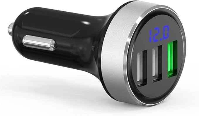 3 USB Car Charger,12V/24V Voltage Meter, Silver | QC3.0 Output 4.8A, Cigarette Lighter Plug Adapter Compatible with iPhone,iPad, Samsung, USB Charging Devices, Silver