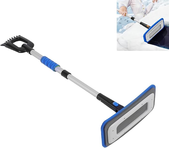 Snow Broom Ice Scraper, No-Scratch Foam Brush 31 x 15 x 90cm Telescoping Snow Broom Extendable Ice Removal Tool with Foam Handle for Window Windshield, Snow Rake/Snow Broom with Pole (Blue)