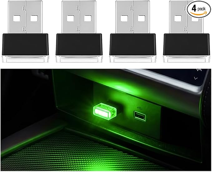 4PCS USB LED Car Interior Atmosphere Lamp, Portable Mini, Green | 5V USB-A plug-in, soft accent glow, no wiring, decor night light, car accessories for cars, SUVs, trucks