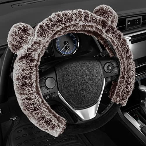 Bear Fur Steering Wheel Cover, Plush Faux Fur Fuzzy Steering Cover for Car Truck Van SUV, Standard Size Fits Wheels 14.5-15 in Diameter, Brown with Ears