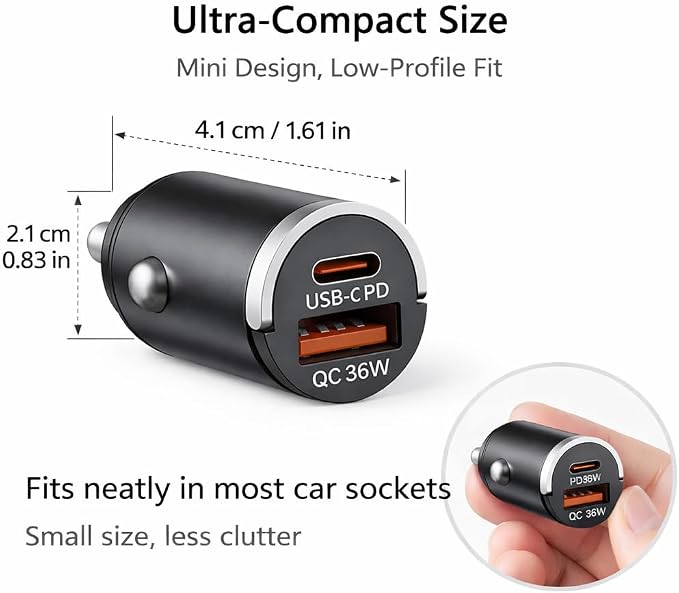 USB C Car Charger Fast Charging, 36W Dual Port Car Charger Adapter, PD 36W USB C & QC USB A, Mini Aluminum Car Charger for iPhone 17/16/15, Samsung, Huawei, iPad, AirPods