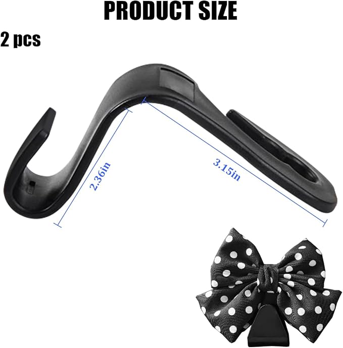 2PCS Car Seat Headrest Hook, Cute Bow Backseat Hanger Holder for Purse Bag Handbag Coat, Auto Interior Seat Back Grocery Storage Organizer Hook, Universal for Vehicles (Black Polka Dots)