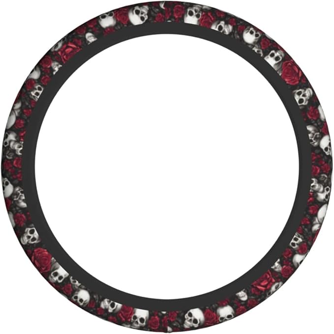 Skull Rose Halloween Scary Steering Wheel Cover Car Accessories Cute for Women Girls Girly Universal 15 Inch Neoprene Auto Interior Decor Anti Slip Car Truck Protector
