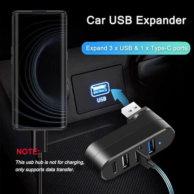 4-Port USB 3.0 Hub [90°/180° Degree Rotatable], USB Splitter with PD-in 5W USB C Port, USB Extender for Laptop, Car, iMac, MacBook Air, MacBook Pro, and More