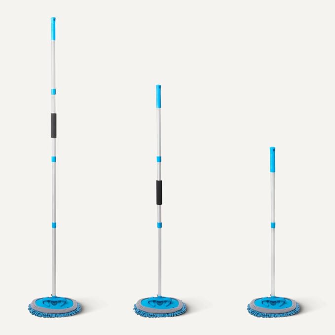 Car Wash Brush with Long Handle, Scratch-Free Microfiber Mop Mitt, Swivel Head, Detachable Head, Extends to 62 inches with 4 Poles, for Car RV Truck, Blue