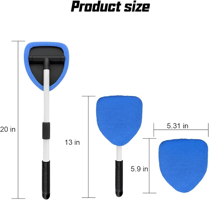 Car Windshield Cleaner Tool, Vehicle Window Detailing Cleaning Kit with Extendable Handle & 4 Washable Microfiber Pad, Auto Glass Wiper Cleaner for Exterior & Interior, Universal Fit (Blue)