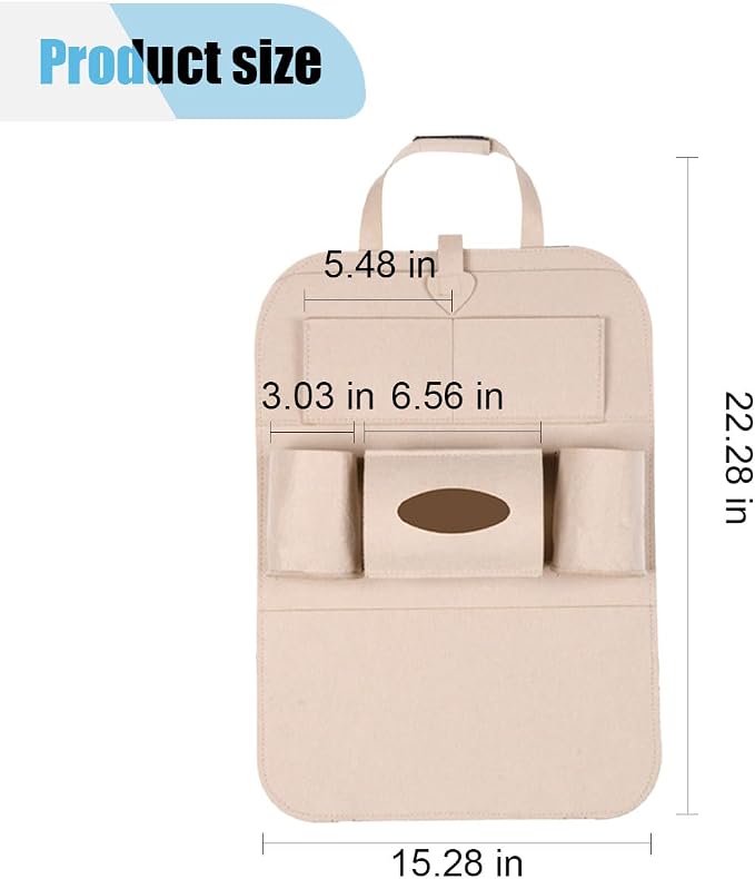 LAINLOY Felt Car Seat Back Organizer, Kick Mats Car Back Seat Protector for Kids, 6-Pocket Storage for Tissue, Box, Pen, Toy, Automobile Road Trip Accessories for SUV, RV, Truck (Beige)