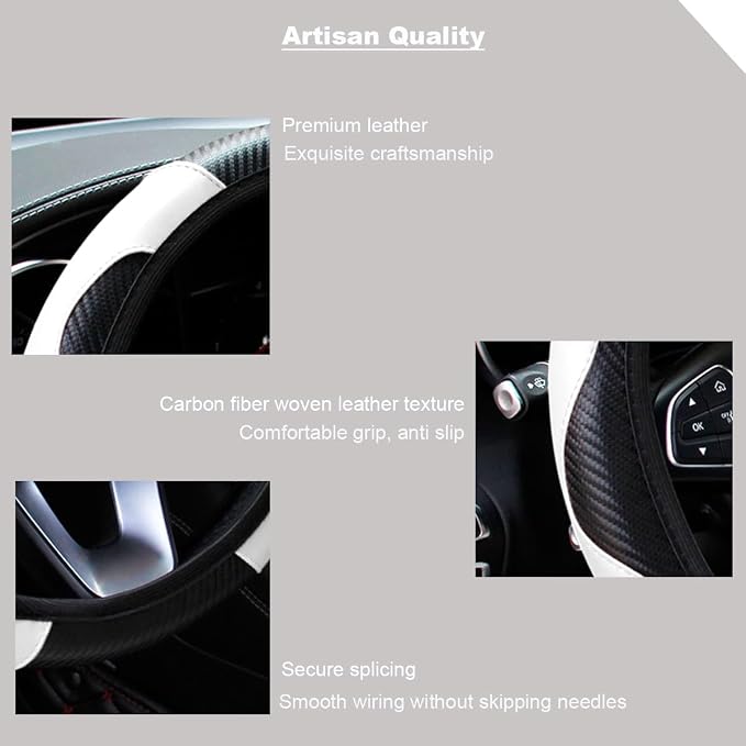 Ultra Fine Carbon Fiber Leather Steering Wheel Cover, Anti Slip and Sun Protective Protect The Steering Wheel, Easy to Install,Universal of 14.5"-15" (White)