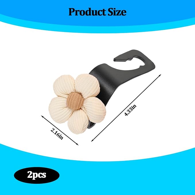 2PCS Car Seat Headrest Hook, Cute Flower Vehicle Backseat Purse Handbag Storage Hanger, Floral Auto Seat Back Holder Hook for Coat Umbrella Grocery, Universal for Vehicles (Beige)