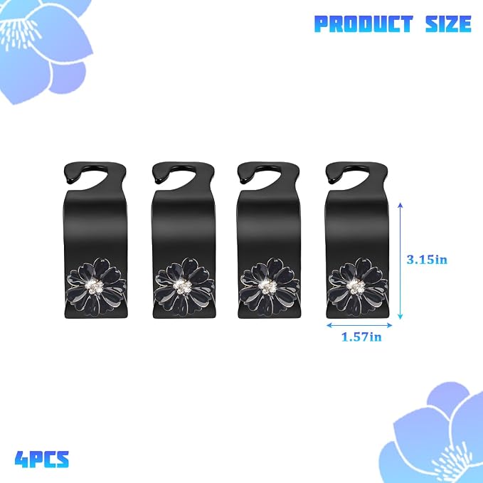 4PCS Bling Car Seat Headrest Hooks, Crystal Rhinestone Flower Vehicle Back Seat Hanger Holder Hook, Automotive Interior Hanging Storage Accessories for Purse Coats Bag, Universal Fit (Black)