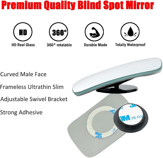 Rectangular Blind Spot Mirror, HD Glass Frameless Stick on Adjustabe Convex Wide Angle Rear View Blind Spot Car Mirror for Car Blind Spot, Pack of 2