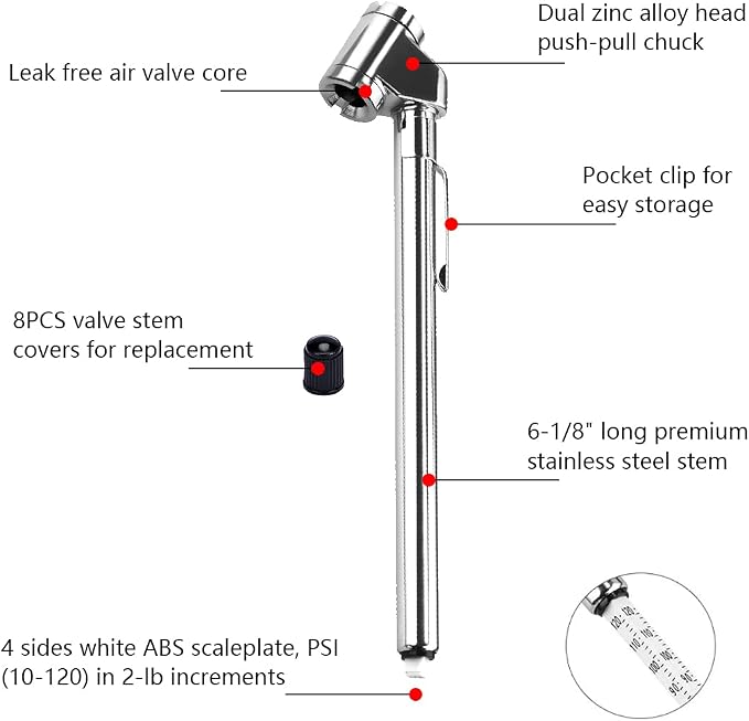 CZC AUTO Tire Pressure Gauge Heavy Duty Dual Head Mechanical Air Gauge Stainless Steel Stem for Car RV ATV Truck Motorcycle Bike, 10-120PSI (5 Pack)