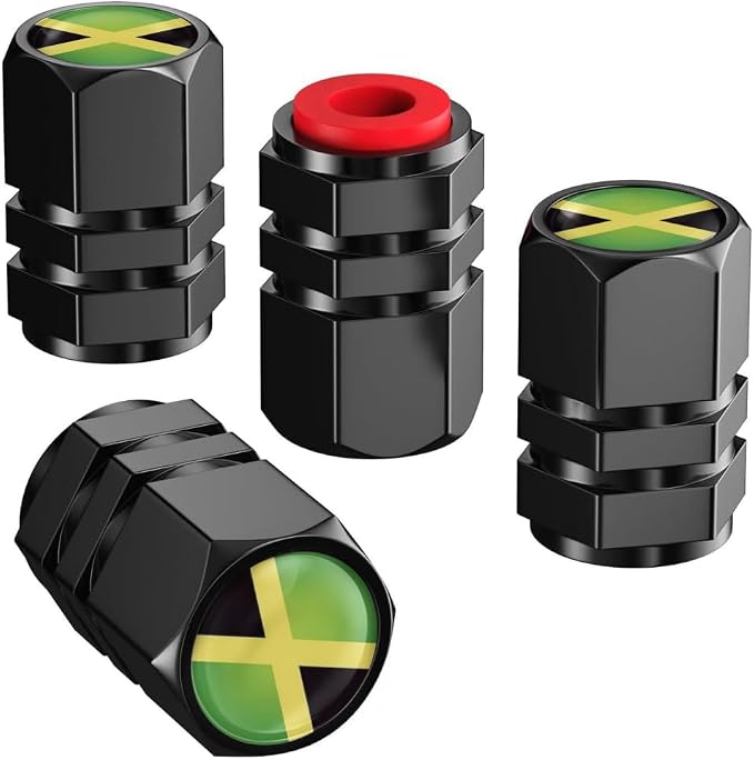 Jamaica Flag Tire Valve Stem Caps and Genuine Leather Car Keychain Keyring Compatible with Jamaican Flag Accessories (Jamaica)