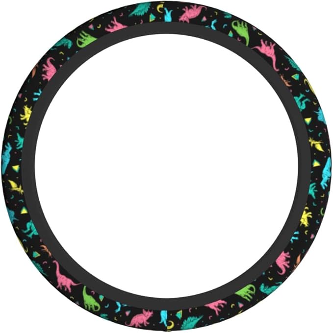 Dinosaurs Colors Cartoon Dinos in Neon Steering Wheel Cover Car Accessories Cute for Women Girls Girly Universal 15 Inch Neoprene Auto Interior Decor Anti Slip Car Truck Protector