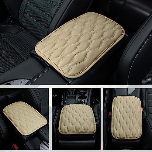 Car Center Console Cover, Upgraded Leather Car Armrest Cushion, Universal Waterproof Cushion Pad, Non-Slip Car Interior Accessories, Fits Most Sedans SUVs Trucks (Beige)