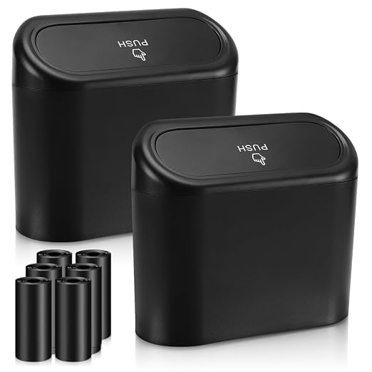 2 Pack Car Trash Can with Lid, Mini Auto Dustbin, Leakproof Vehicle Garbage Bin with 90pcs Trash Bags, Multipurpose Interior Accessories Storage Container Cute Garbage Bin for Car, Office, Home