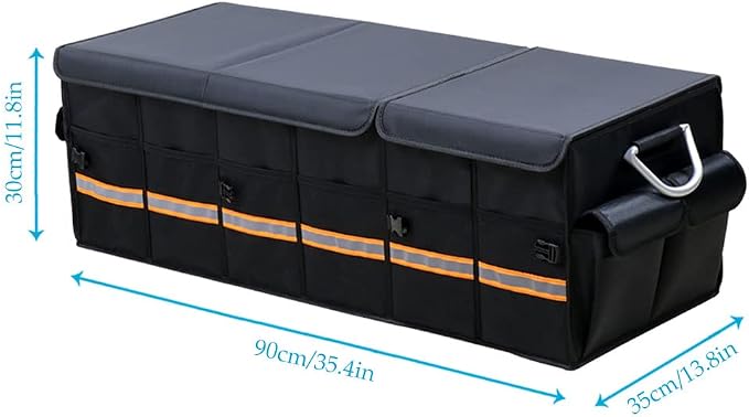 Car Trunk Organizer - Collapsible Trunk Organizer & Lid Foldable Cover Aluminium Alloy Handle Reflective Strip for Auto, SUV, Truck, Minivan (XL Black)