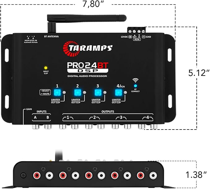 Pro 2.4 BT Bluetooth DSP Crossover Full, Digital Signal Processor, Car Audio Equalizer with App, Gain up to 9V, 15 Band Graphic Equalization, 12 preset EQ, 2 in and 4 Out, High Level Input