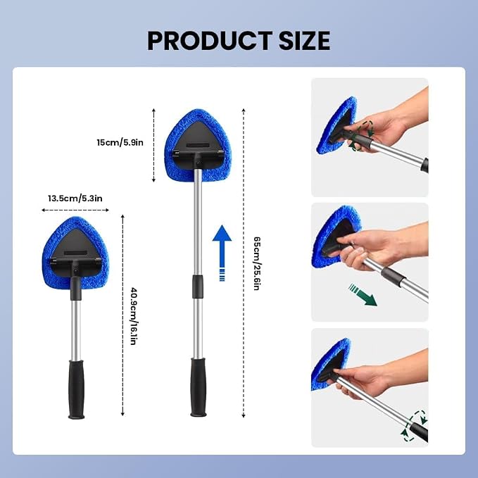 Car Windshield Cleaning Tool Set, Interior Exterior Auto Glass Cleaner Kit with Detachable Handle, 4 Reusable Microfiber Pads, Extendable Wiper Brush for Cars Trucks Home (Blue)