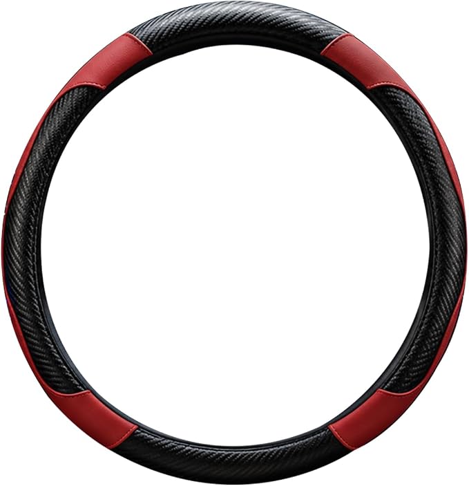 Car Steering Wheel Cover, 15 inch Carbon Fiber Microfiber Anti-Slip Breathable PU Leather Elastic Steering Wheel Protector, Car Interior Accessories for Most Cars (Wine Red)