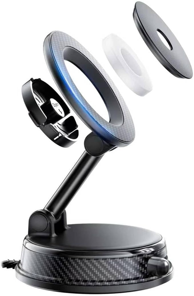 Aromatherapy Magnetic Car Phone Mount, Built-in Strong N52 Magnet, Reusable Suction Cup & 4-axis Adjustable. Package Includes 6 Solid Fragrance Refills and 1 Metal Ring Sticker.（Grey ）