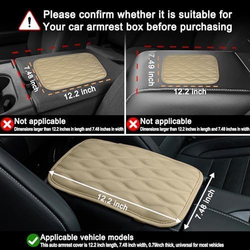 Car Center Console Cover, Upgraded Leather Car Armrest Cushion, Universal Waterproof Cushion Pad, Non-Slip Car Interior Accessories, Fits Most Sedans SUVs Trucks (Beige)