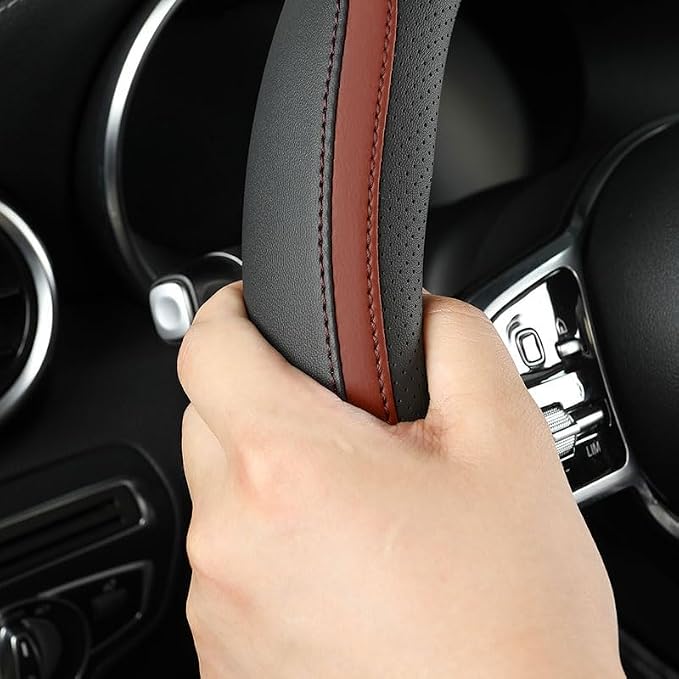Car Steering Wheel Cover, Leather Steering Wheel Cover Brown Universal 14.5-15 Inch Microfiber Leather Anti-Slip Breathable Auto Steering Wheel Covers for Men Women (Brown)