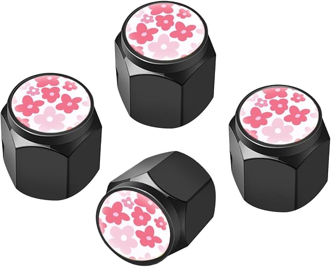 Tire Valve Stem Caps Cover,4 Pcs Metal Black Air Valve Cap, Aluminum Car Wheel Stem Caps,Universal Stem Covers for Cars,Trucks,Bikes,Motorcycles,Corrosion Resistant (Pink Flower)