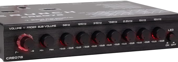 CREQ7B 7-Band Car Audio Parametric Equalizer with 9-Volt Line Driver, Subwoofer Control, and Dual Aux Inputs, ½ DIN ISO Mount