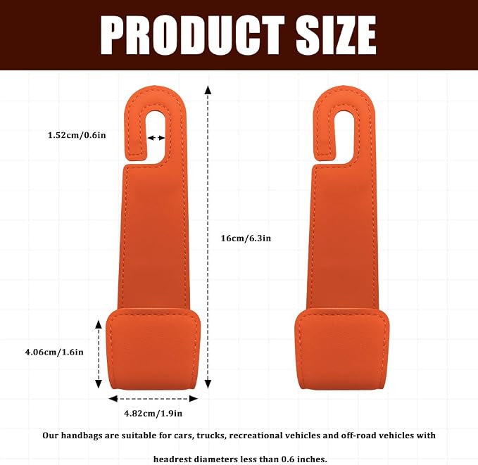 2PCS Car Seat Headrest Hooks, Purse Hook for Car, Automotive Headrest Handbags Holder, Auto Accessories Leather Seatback Organizer Hanger for Hanging Purses Bags Coats (Orange, 2PCS)