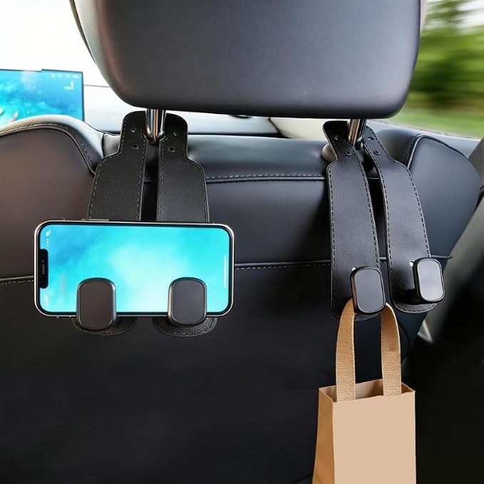 Headrest Hooks for Car, 2 Pack Twin Hook Leather Car Seat Headrest Hangers, Luxurious Heavy-Duty 100% Metal Purse & Bag Holder, Seat Back Storage Organizer for Travel, Black