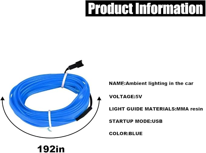 EL Wire Interior Car LED Strip Lights, USB Car Neon Light Strip with Sewing Edge, 16FT Neon Light 5V with Fuse Protection, Electroluminescent Car Indoor Decorations (Blue)