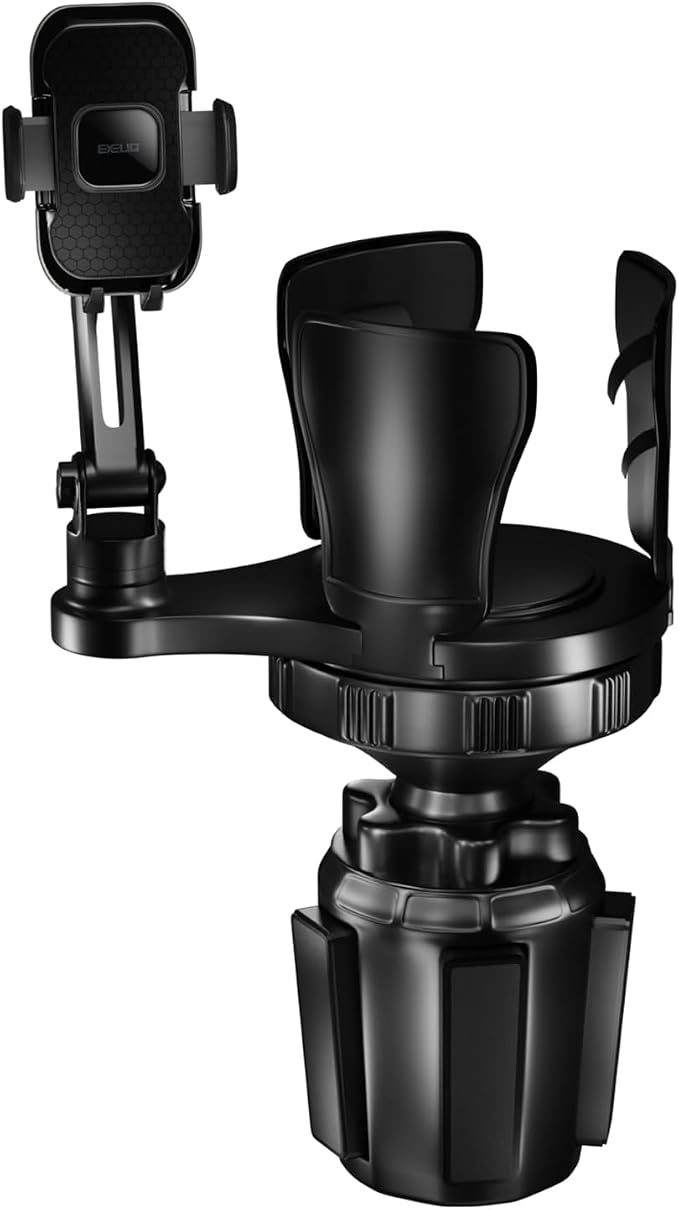 Cup Holder Expander with Phone Mount for Car, 2-in-1 Adjustable Cup Holder Fits Large Bottles, Tumblers & Fast Food Drinks, Universal Phone Mount 360° Rotating Arm for 4.7–7" Phones