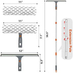 Squeegee for Window Cleaning,12" Squeegee and 11" Microfiber Scrubber Combi with Stainless Steel Pole,Extendable Window Cleaner for Car,Sliding Door,Shower Glass Door-Swivel Style-2 Pads