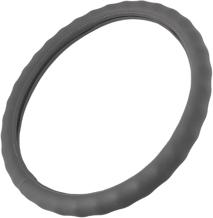 Gray Leather Car Steering Wheel Cover Large Size 15.5 to 16 inch, Easy Installation