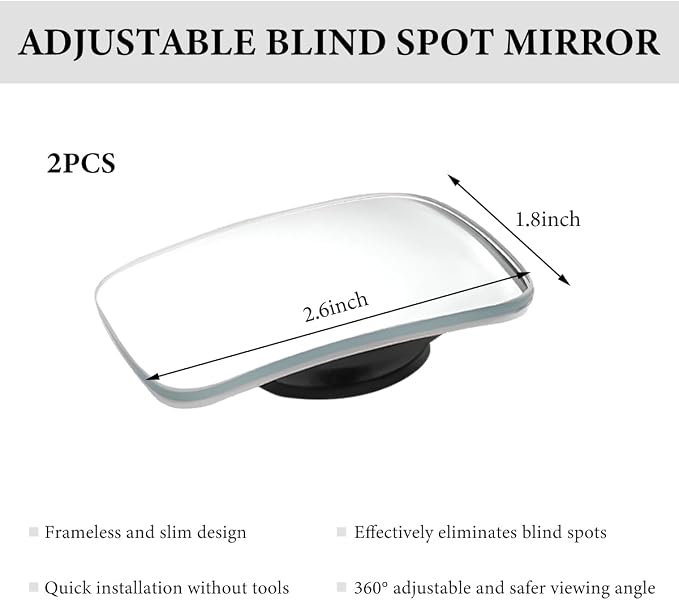 2 PCS Blind Spot Mirrors, Rounded Trapezoid HD Glass Frameless Rear View Mirror with Adjustable Stick, Universal Convex Wide Angle Blindspot Side Mirror for Cars Trucks SUVs