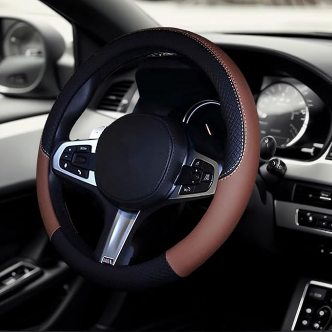 Car Steering Wheel Cover, Leather, Universal 15 Inch Fit, Anti-Slip & Odor-Free (Black&Brown)