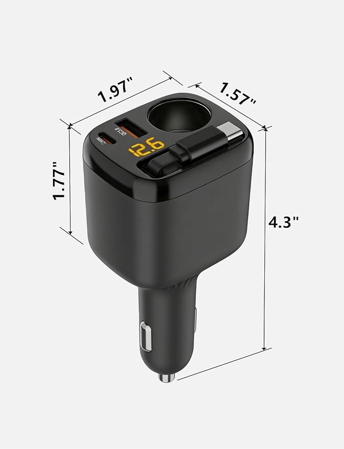 215W Retractable USB-C Car Charger, [PD 65W Laptop Fast Charging] 4 in 1 Cigarette Lighter Adapter, Socket Splitter with Multi Port, 12V Car USB Charger Adapter for iPhone 17 Pro Max, MacBook, GPS