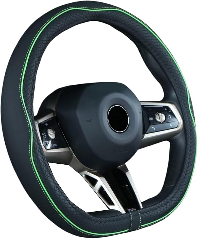 Flat Bottom Steering Wheel Cover Anti-Slip,Safety,Soft,Breathable,Durable,Full Surround,Comfortable Grip Microfiber Leather (D Shape, Green)
