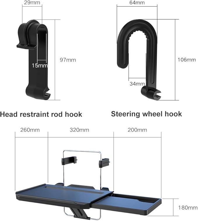 2 in 1 Car Steering Wheel Tray / Back Seat Headrest Tray for Eating Food Drink and Writing Laptop Work, Black Car Desk
