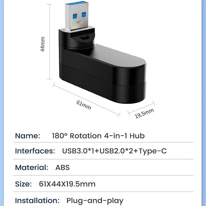 4-Port USB 3.0 Hub [90°/180° Degree Rotatable], USB Splitter with PD-in 5W USB C Port, USB Extender for Laptop, Car, iMac, MacBook Air, MacBook Pro, and More