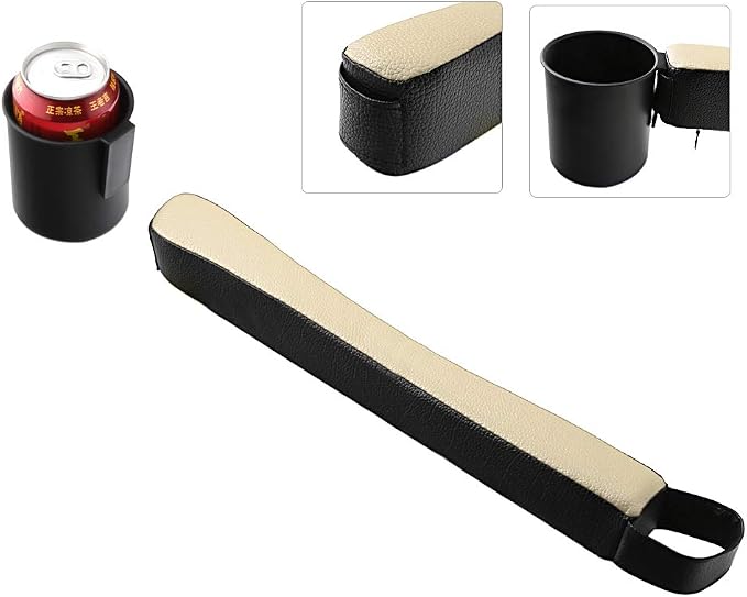 2 Prices Car Seat Gap Filler Pad PU Leather Console Side Pocket Organizer and one Cup for Cellphone Wallet Coin Key (Black+Beige)