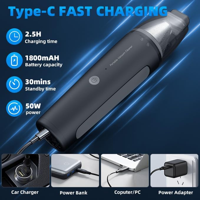 PATO Cordless Handheld Vacuum Cleaner, a Vacuum Cleaner for Small Cars, with Powerful Suction, Equipped with a 1800 mAh high-Capacity Battery,Black