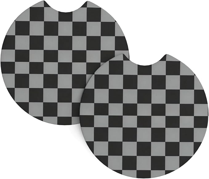 Black Gray Checkerboard Steering Wheel Cover 15 Inch Gray Checkerboard Steering Wheel Cover Anti-Slip Breathable Universal 2 Pcs Car Interior Cup Holder Pad for Men Women
