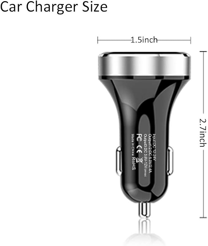 3 USB Car Charger,12V/24V Voltage Meter, Silver | QC3.0 Output 4.8A, Cigarette Lighter Plug Adapter Compatible with iPhone,iPad, Samsung, USB Charging Devices, Silver