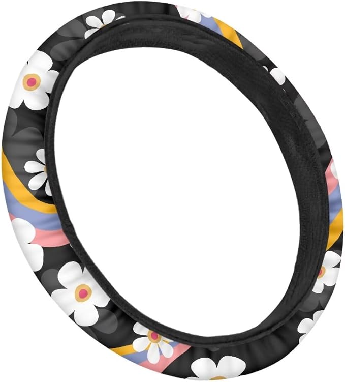 Groovy Hippie Flower Pattern Sweat Absorption Steering Wheel Cover with Anti-Slip Lining for Car Truck SUV Van Universal Car Wheel Cover Polyester Cover Car Decoration