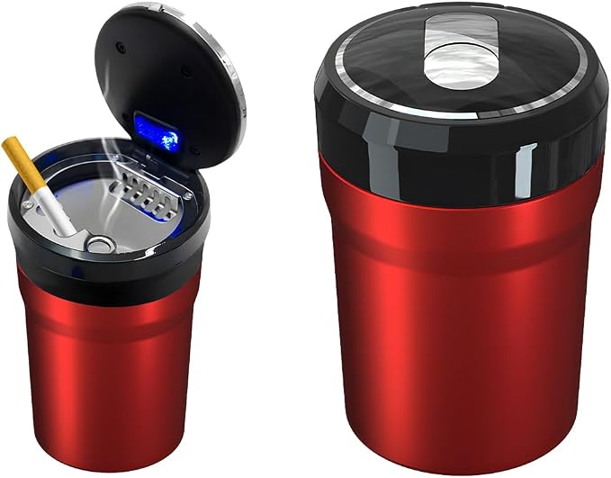 Car Ashtray with Lid, Easy Clean Up Detachable Smokeless Ashtray with LED Blue Light, Portable Mini Ash Tray Cup Holder for Car Home Office Travel, Interior Auto Accessories (Red, Larger)